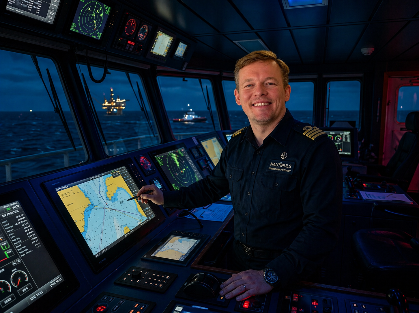 Navigator on the bridge of an offshore vessel